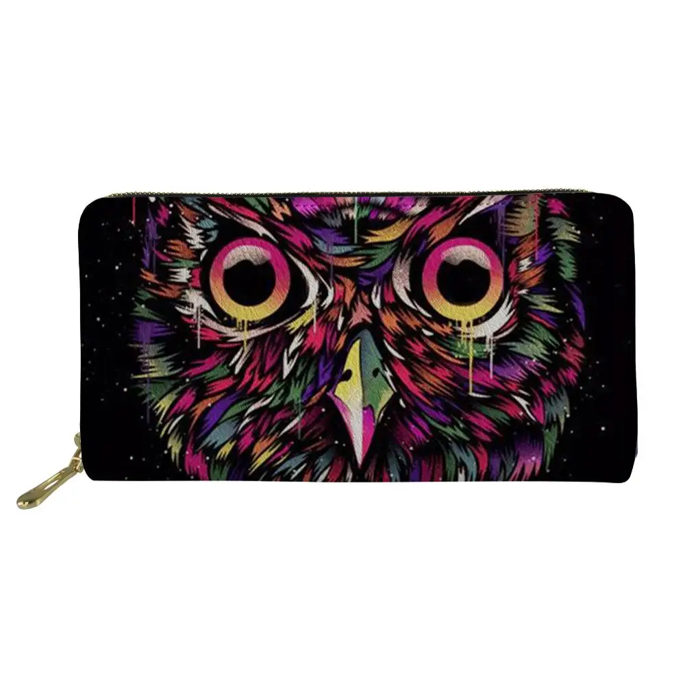 HYCOOL Men Wallet Art Cartoon Owl Print Women Long PU Leather Wallets Girls Cute Phone Card Organizer Purse Ladies Small Zip Bag