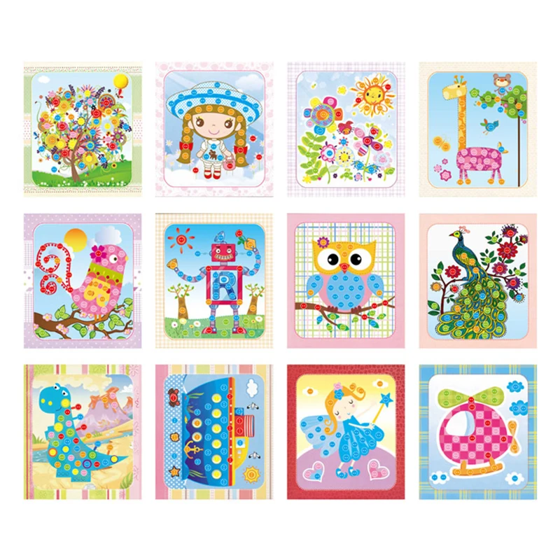 Kids DIY Button Puzzle Stickers Cartoon Drawing Art Crafts For Children Early Educational Learning Rhinestone Painting Toys