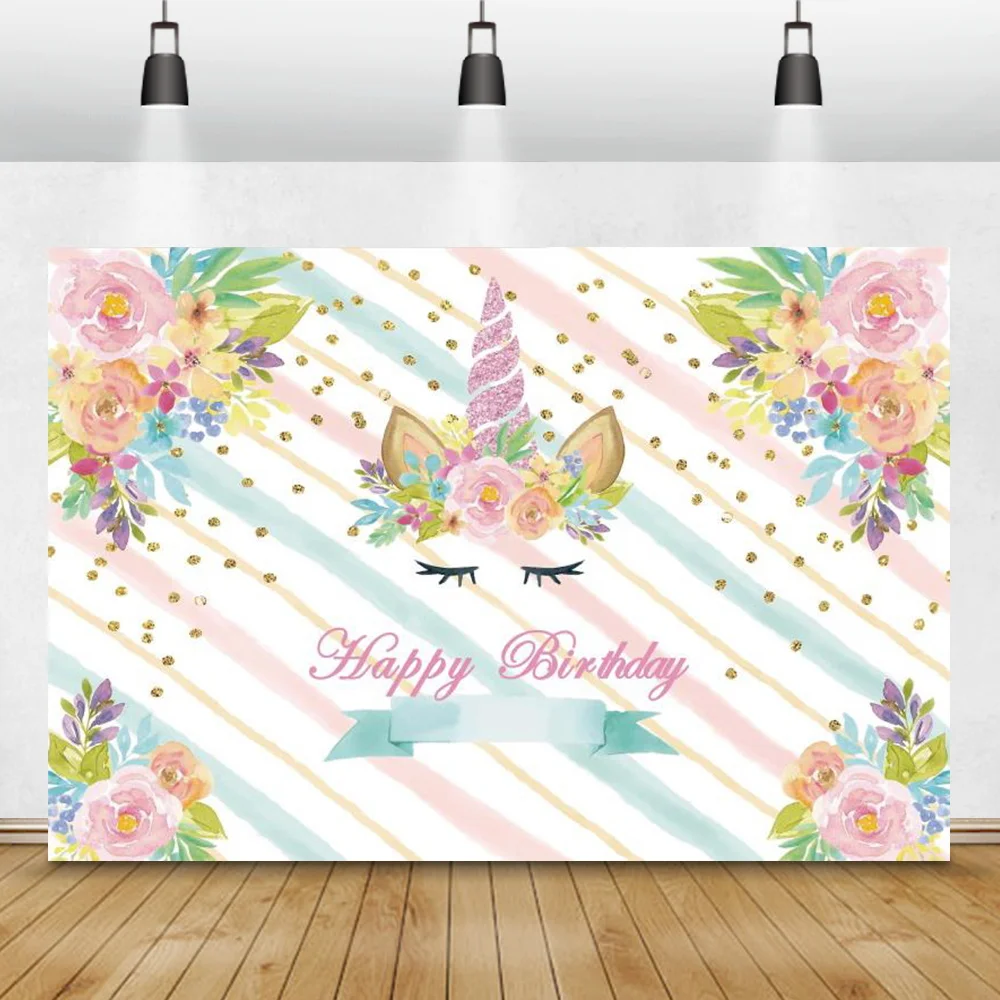 

Laeacco Unicorn Birthday Party Flower Gold Spots Stripes Baby Portrait Photo Backdrop Photographic Background Photo Studio