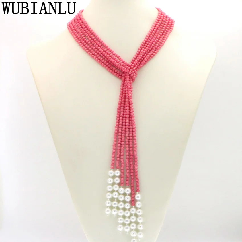 WUBIANLU Beautiful Fashion 50 Inch 3 Shares Pink Coral Freshwater Pearl Long Necklace  Women In Pendant Necklaces