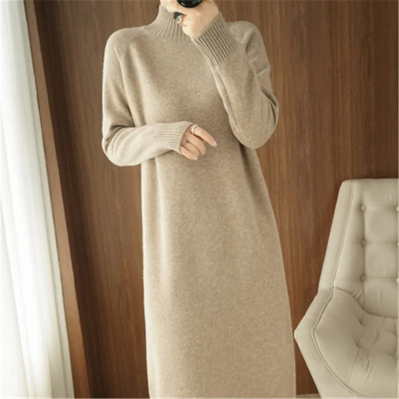 2022 Autumn and Winter New Dress Mid-length Solid Color Casual Half High Neck Knitted Warm Sweater Women Dress A695