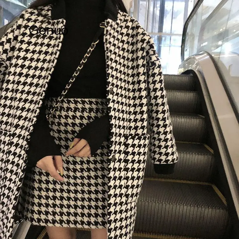 Houndstooth Woolen Two-piece-suit Women Mid Length Woolen Jacket And High Waist Skirt Two-piece Skirt Sets Femme 2020 New