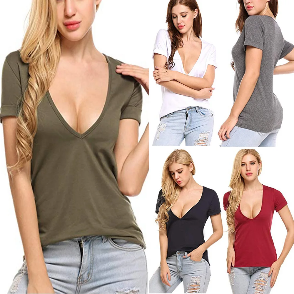 Casual 2023 Summer Women Loose T-Shirt Short Sleeve Tops Ladies Deep V Neck Solid Tee