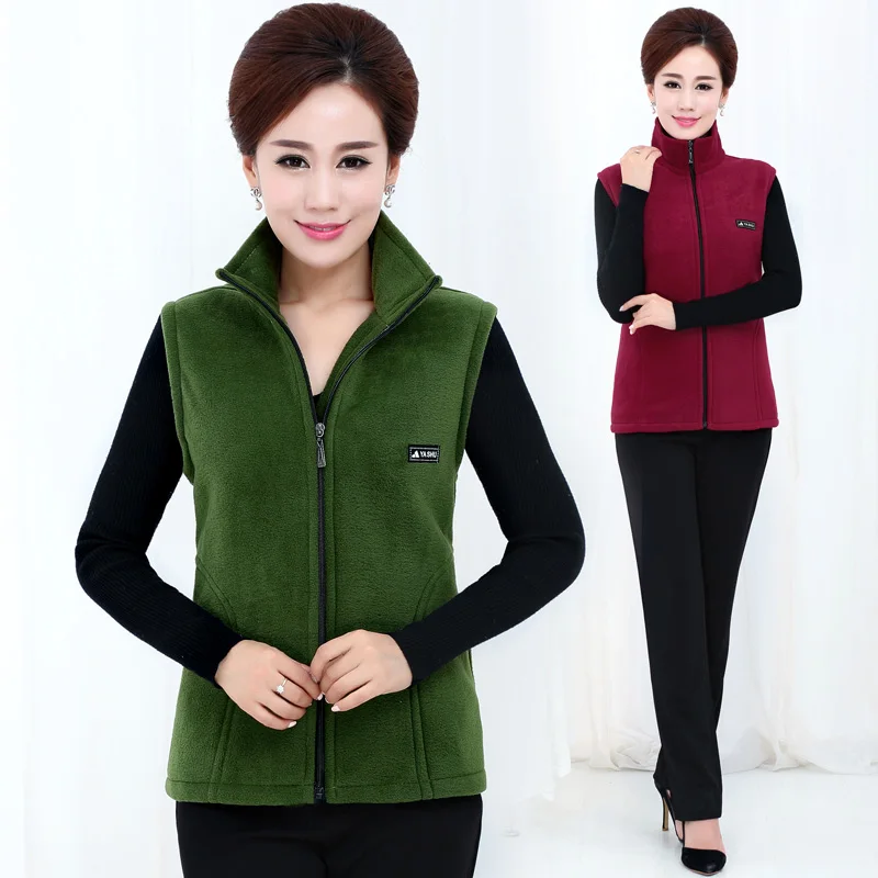 Middle-aged Mother Stand Collar Vest Jacket Short Polar Fleece Sleeveless Outwear Warm Female Solid Casual Waistcoat Tops