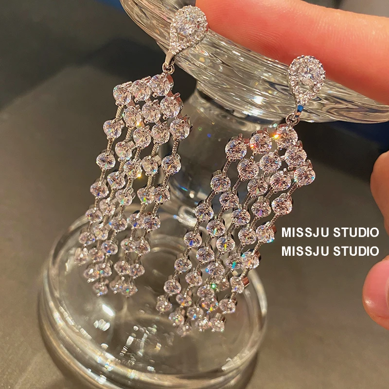 S925 Silver Needle Drop Earrings For Women Super Flash Long Tassels White Cubic Zircon Fine Jewelry Accessories 2