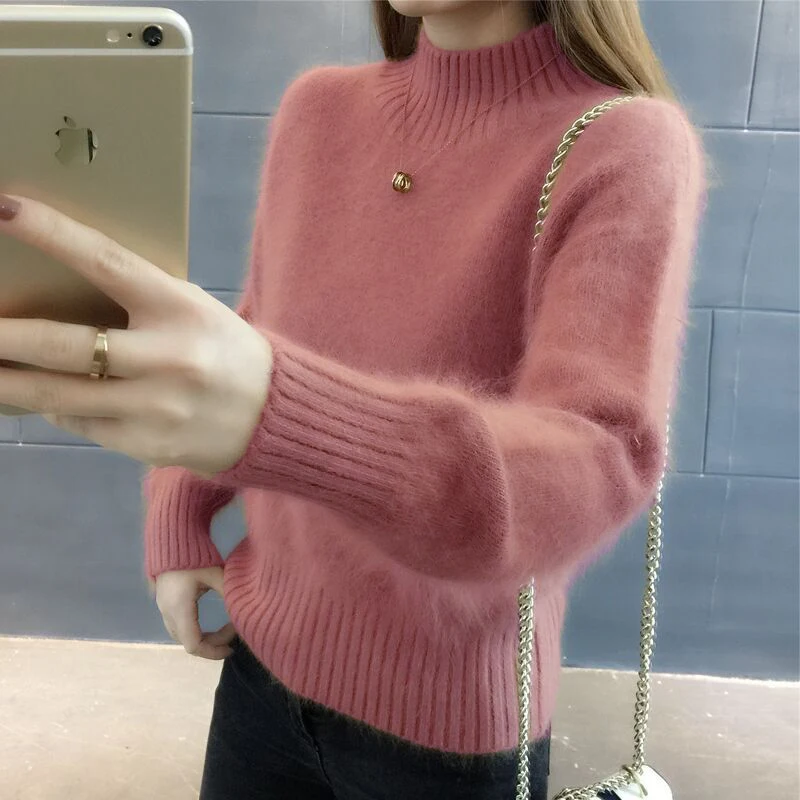 Super Warm Fluffy Mink Cashmere Soft Sweaters Women Half High Neck Pullovers 2023 Fall Winter Jumper Female Bottoming Sweater