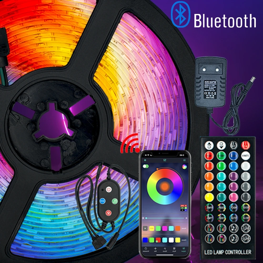 

Светодиодные ленты с Bluetooth-управлением, RGB 5050 SMD 2835, 12 В постоянного тока, водонепроницаемая гибкая лента с диодами для украшения гостиной, 5 м, 10 м, 15 м