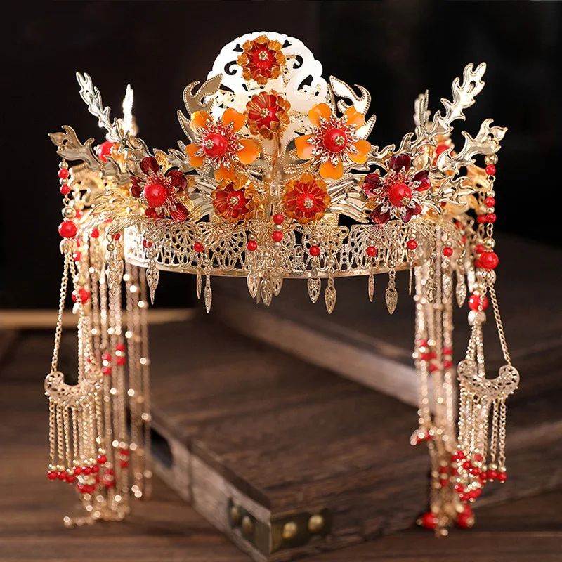Retro Chinese Headdress Crown Headband Catwalk Stage Wedding Hair Accessories Pearls Beaded Tassel Tiaras Earring Hair Jewelry