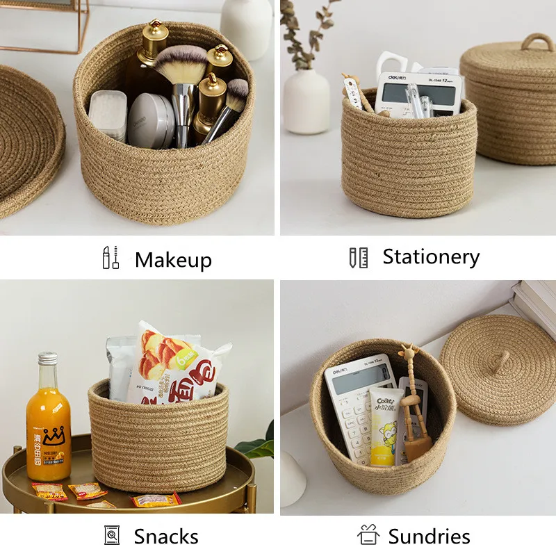 Cosmetics Storage Box Jute Woven Basket Tabletop Key Remote Control Container Snack Case With Cover Organizer ECO Friendly