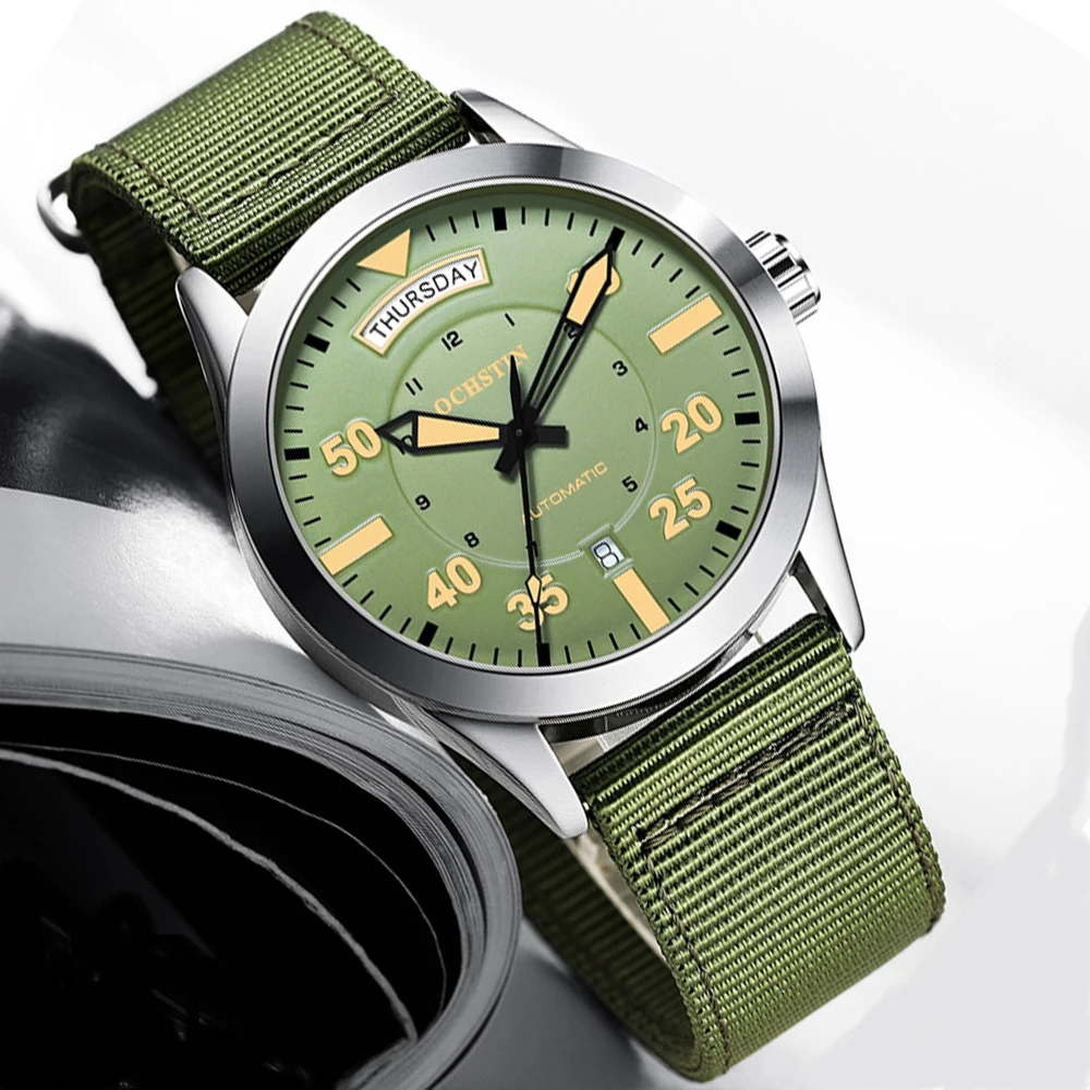 OCHSTIN Men Mechanical Wristwatches Military Pilot Watches Double Calendar Bussiness Nylon Waterproof Automatic Men's Watch
