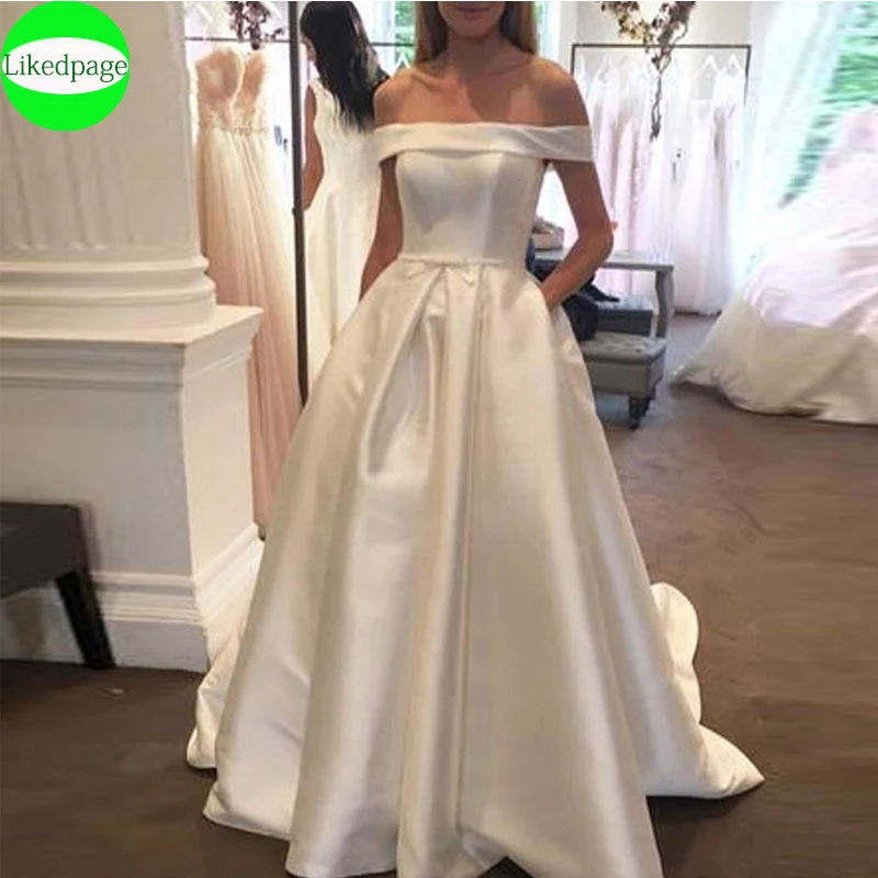 

Off The Shoulder Wedding Dress Simples Vestidos De Novia 2021 Satin A Line Boda Bride Gown Robe Mariage Trouwjurk With Pocket