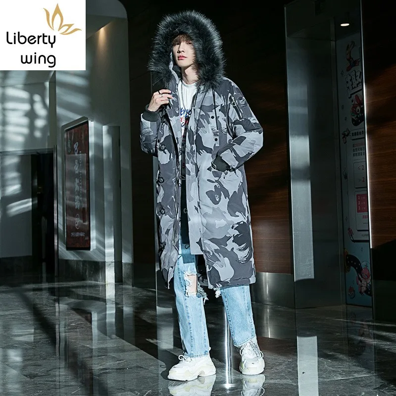 Inverno camo casaco masculino moda casual vento militar longo gola de pele com capuz jaqueta homem streetwear solto algodão roupas masculinas parka