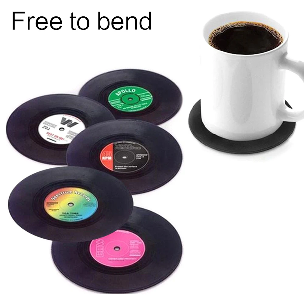 1/4/6 Pcs Retro Coasters Set Vinyl Record Round Disk Coaster Non Slip Record Coffee Cup Mat PVC Drinks Home Decor Coaster
