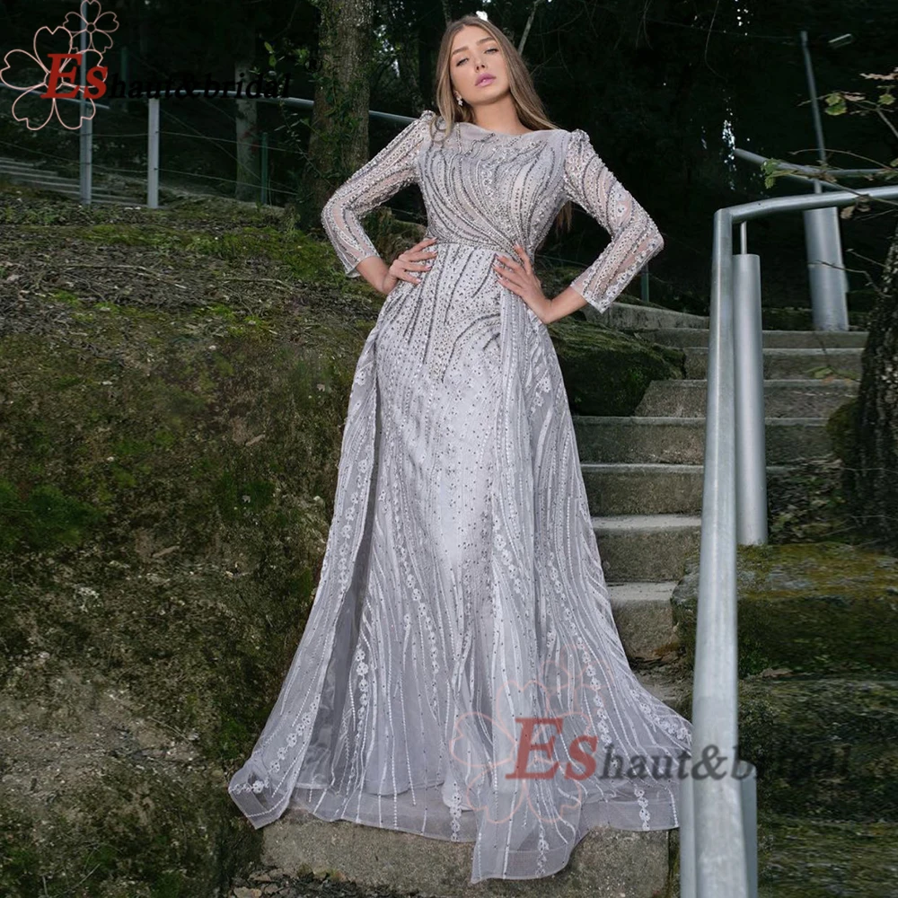 Dubai Silver Lace Evening Dresses 2024 Mermaid Boat Neck Crystal Handmade Long Sleeves Wedding Formal Prom Party Gown Customized