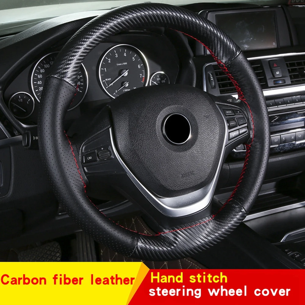 Super Fiber Leather + Carbon Fiber Leather Hand-Stitched Steering Wheel Cover With Needle And Thread Interior Accessories