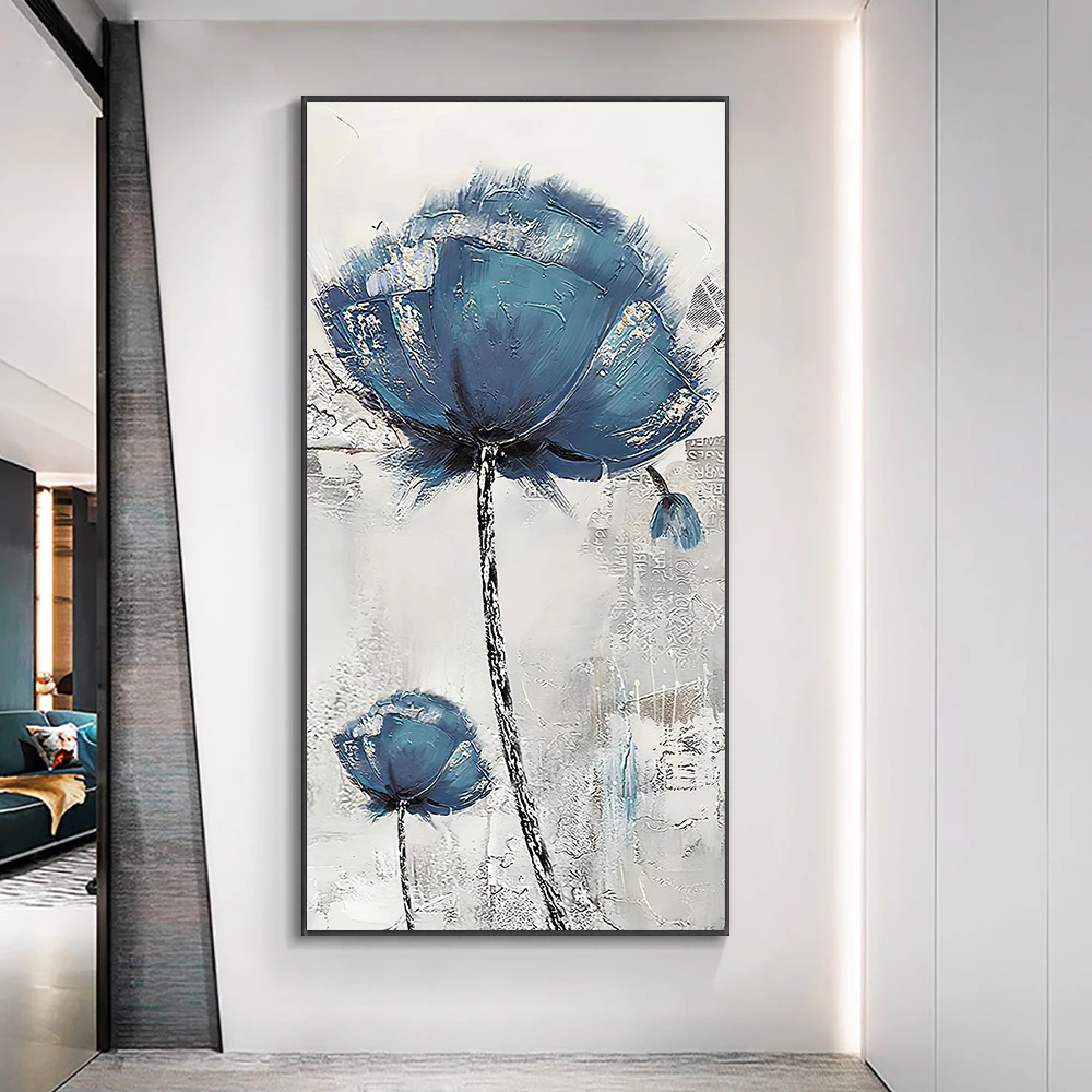 Hand-painted Abstract Flower Oil Painting Nordic Wall Art Handmade Blue Poppies Art Canvas Oil Painting Modern House Aisle Decor