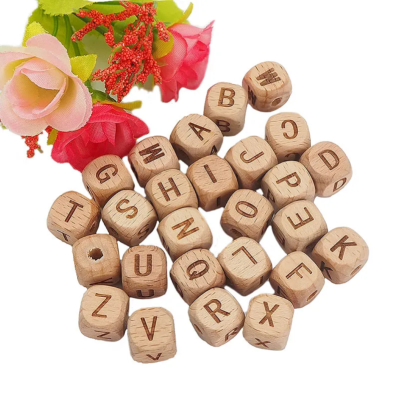 

Chenkai 12mm 50PCS Square Wooden Alphabet Beads A-Z Letter beads for Baby Dummy Chewable Nursing Pacifier Chain Accessories