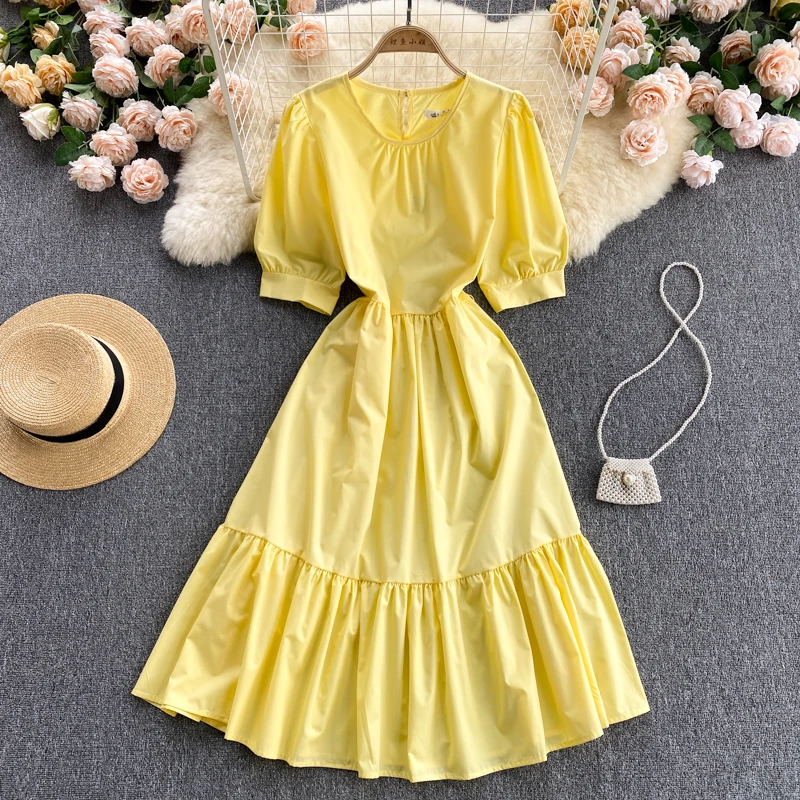 

Croysier Casual Dresses For Women 2021 Elegant Ruffle Hem Belted Midi Dress Round Neck Short Puff Sleeve Summer Dress Clothes