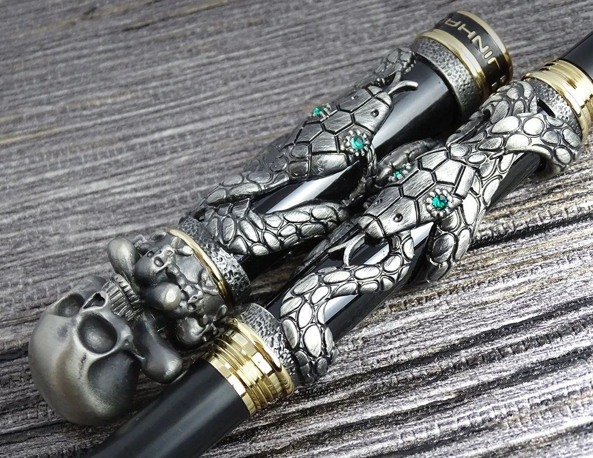 Jinhao Metal Vintage Rollerball Pen Skull Skeleton Unique Pen Cap Fine Point 0.5mm Heavy Collection Ancient Gray Office Gift Pen