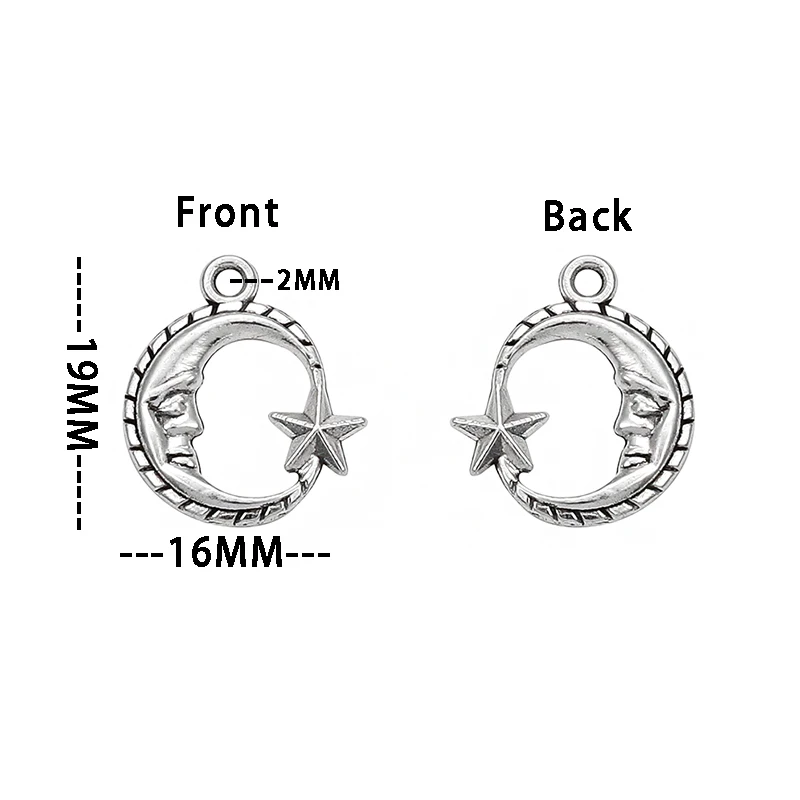 10pcs 19x16mm Antique Silver Color Moon Star Charms Pendants Tibetan Handmade Jewelry DIY Crafts Findings