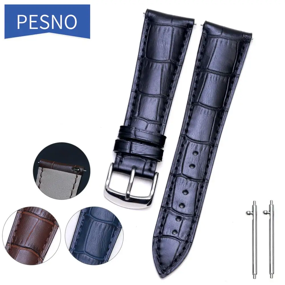 Pesno Watchbands 20mm 22mm New Top Grade Genuine Leather Watch Band Strap with Silver Rose Gold Polished Buckle For Blancpain