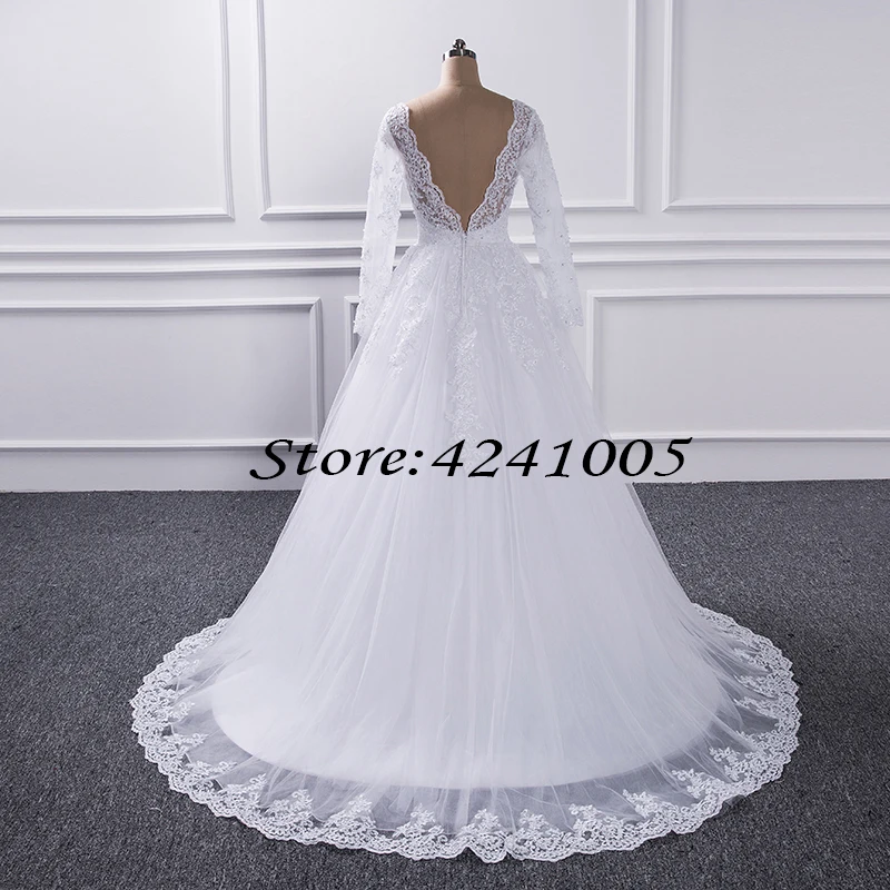 레이스 A 라인 V 넥 웨딩 드레스 2020 빈티지 신부 가운 등이없는 긴 소매 비즈 신부 드레스 Vestido De Novias 패션