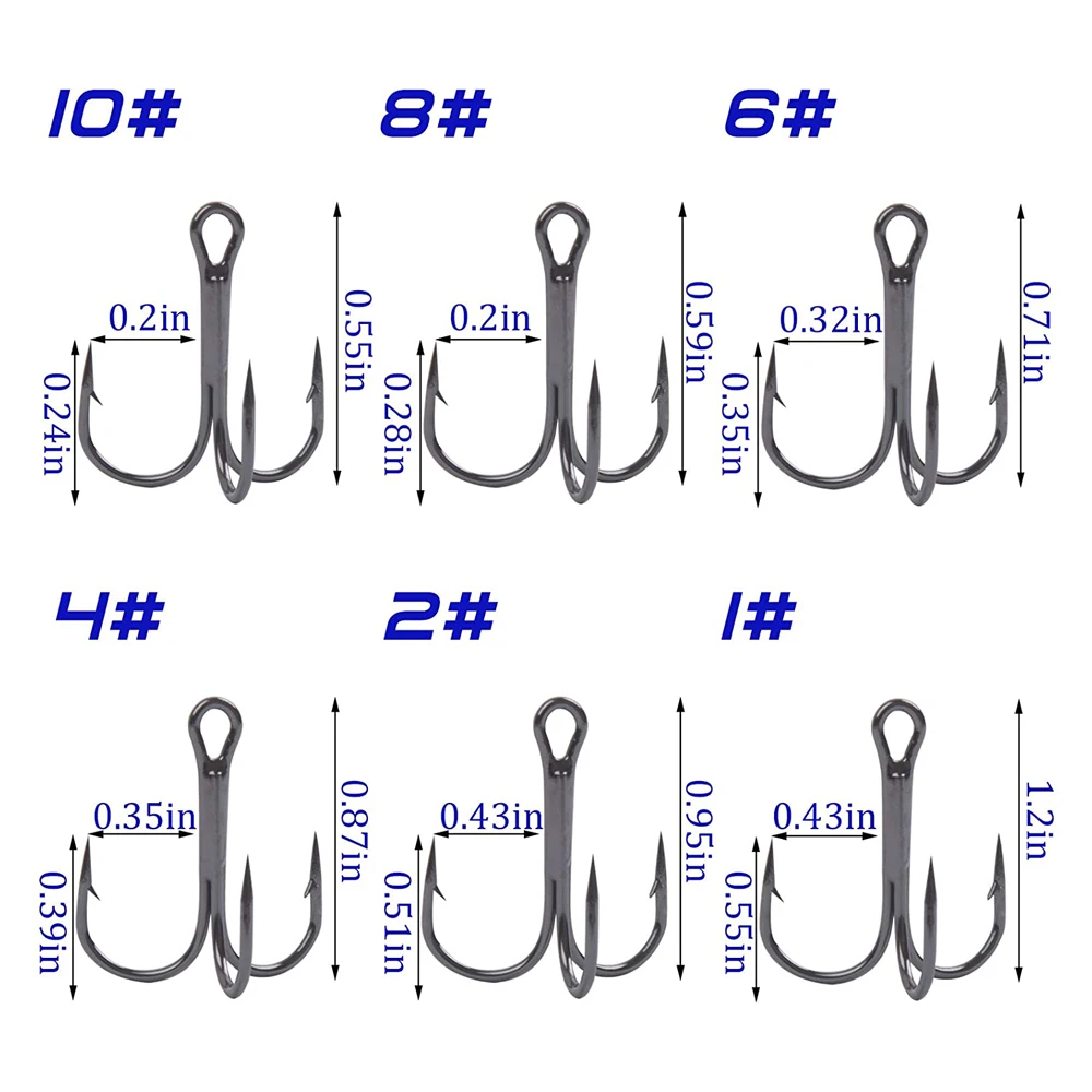 180pcs/Box Treble Fishing Hooks Sharp Round Bend Triple hook Barbed Fishhooks with Split rings set for Bass fishing tackle