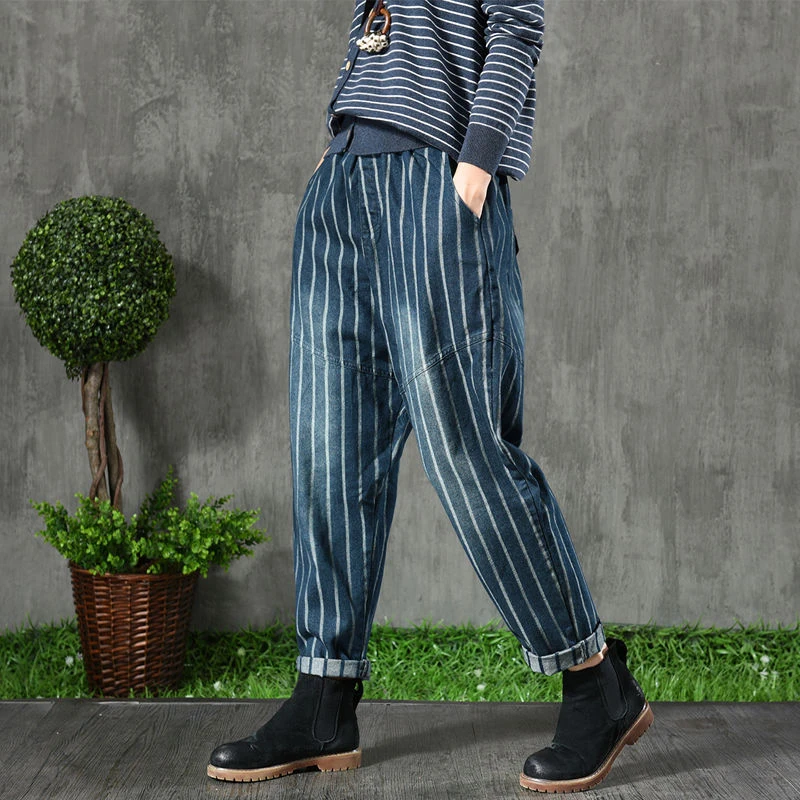 Spring Autumn Arts Style Women Elastic Waist Denim Harem Pants Vintage Loose Stripe Jeans All-matched Casual Denim Jeans D465