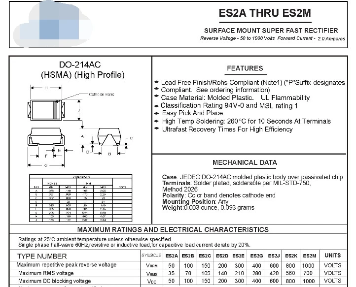100PCS ES2A ES2B ES2D ES2G ES2J ES2K ES2M 2A 50V 100V 200V 400V 600V 800V 1000V SMA/DO-214AC Super Fast Rectifiers