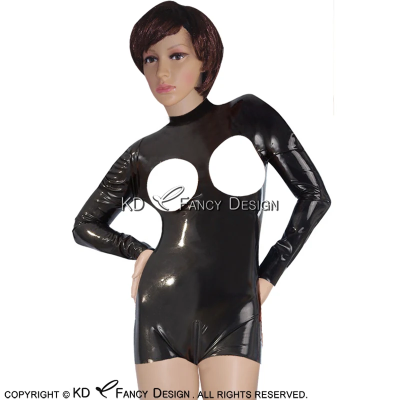 Black Sexy Latex Swimsuit With Breast Open Long Sleeve Back To Crotch Zipper Rubber Catsuit Bodysuit Zentai Overall LTY-0038