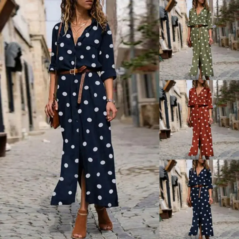 New Fashion Women Summer Dot Print Long Sleeve Button Long Dress Party Beach Dress Dresses For Women Casual Elegant