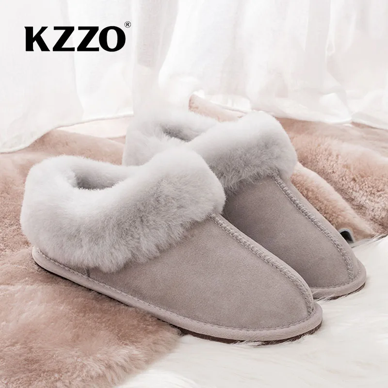 KZZO New Arrive Natural Sheepskin Woman Casual Wool Slippers Winter Warm Sheep Fur Lined Non-slip Home Shoes Indoor Slippers