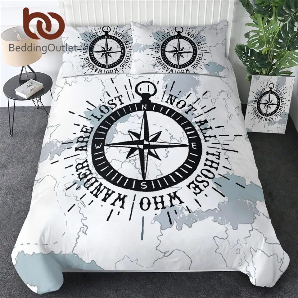 

BeddingOutlet Compass Bedding Set Nautical Map Duvet Cover World Map White Bedclothes Adults Boys Cool Home Textiles 3 Piece