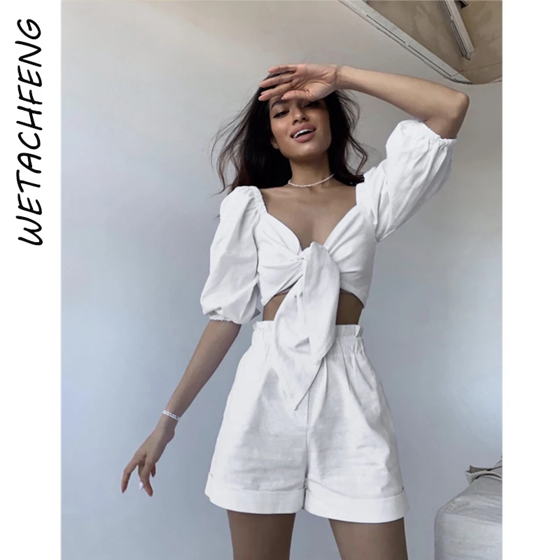 

White Lace Up Sexy Women Two Piece Sets Summer Tops And Shorts Suits Elegant Fashion Puff Sleeve High Waist 2 Piece Tracksuits