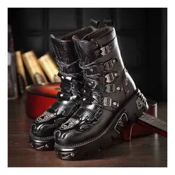 2023 Gothic Punk Men's Leather Boots Motorcycle Boots Platform Rubber Boots Black Warm Mid Calf Tactical Combat Boots Fashion47