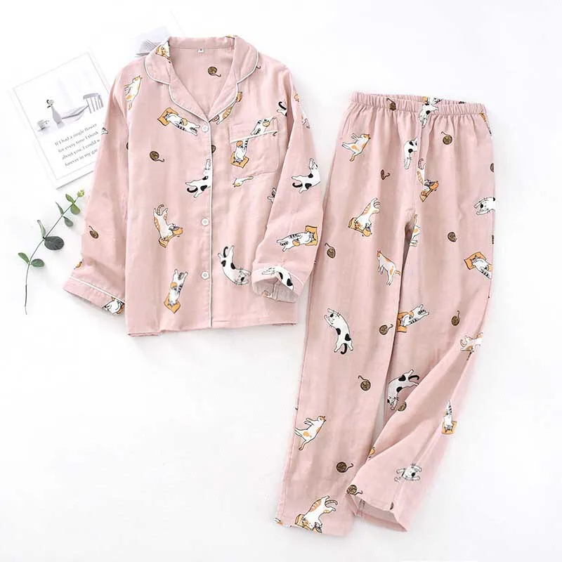 2022 Summer New Lovers Gauze Cotton Pajamas Set Cute Cartoon Printed Men And Women Sleepwear Comfort Loose Couple\'s Home-wear