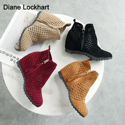 2024 New Platform Openwork Women Ankle Boots Autumn Wedge Heels Cutout Booties Flock Summer Mesh Boats For Ladies Party Shoes