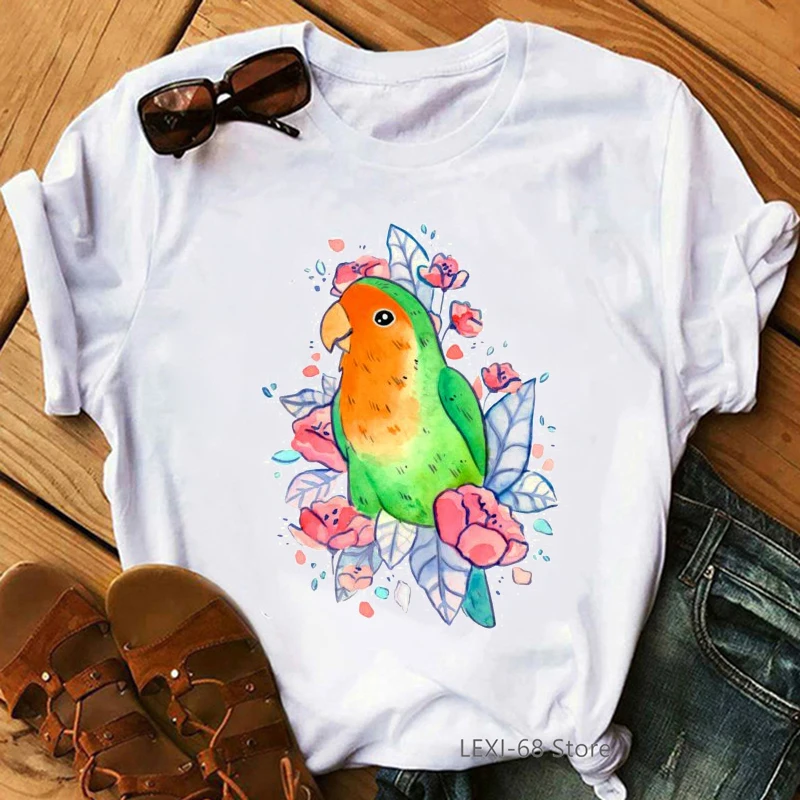 

Watercolor Parrot Birds Women Tshirts Pink Flowers T Shirt Femme Harajuku Shirt T-Shirt Camisetas Mujer Tops Streetwear