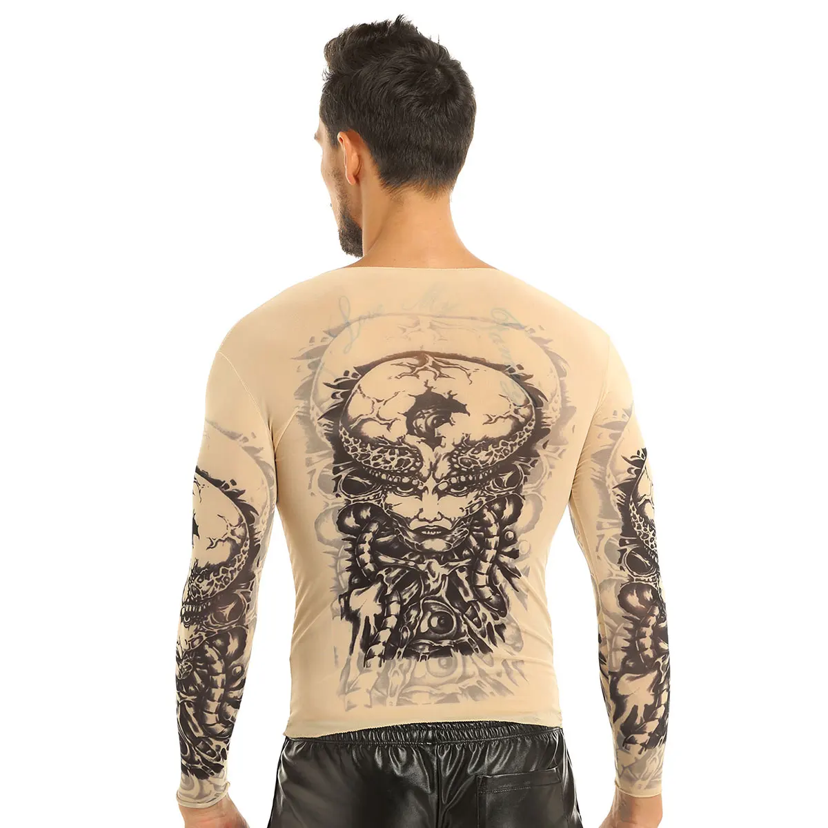 YiZYiF Fashion Mens Stretchy See Through Fake Tattoo Design T Shirt Top Long Sleeve O-Neck T-Shirt for Men\'s Halloween Party