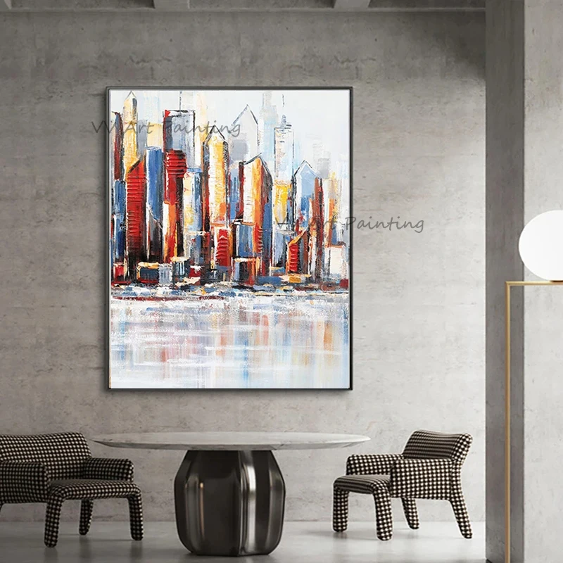 New Arrival Hand Painted Modern Urban Building Oil Painting Vibrant Reflection Abstract Original Vertical Wall Artwork