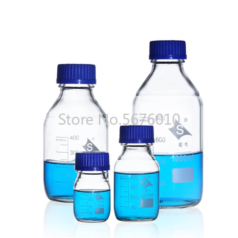 Botella de reactivo de vidrio con tapa de rosca azul, 1 piezas de capacidad, 100/250/500/1000ml, cristalería para laboratorio médico y químico