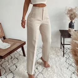 Ardm-Pantalon Droit Taille Haute pour Femme, Vêtement Décontracté, Style Coréen, Bureau, Blanc, Marron, FjWomen, 2023