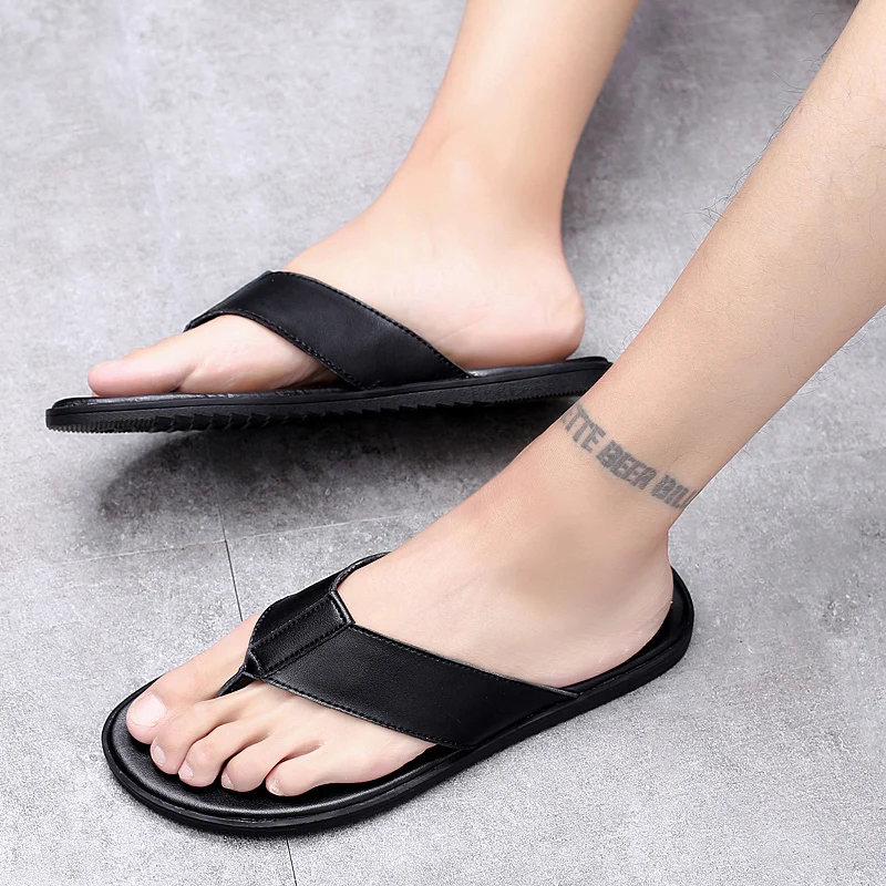 Brand Summer Beach Flip Flops Men Pu Leather Slippers Male Flats Sandals Outdoor Rubber Thong Beach Shoes Men Leather New