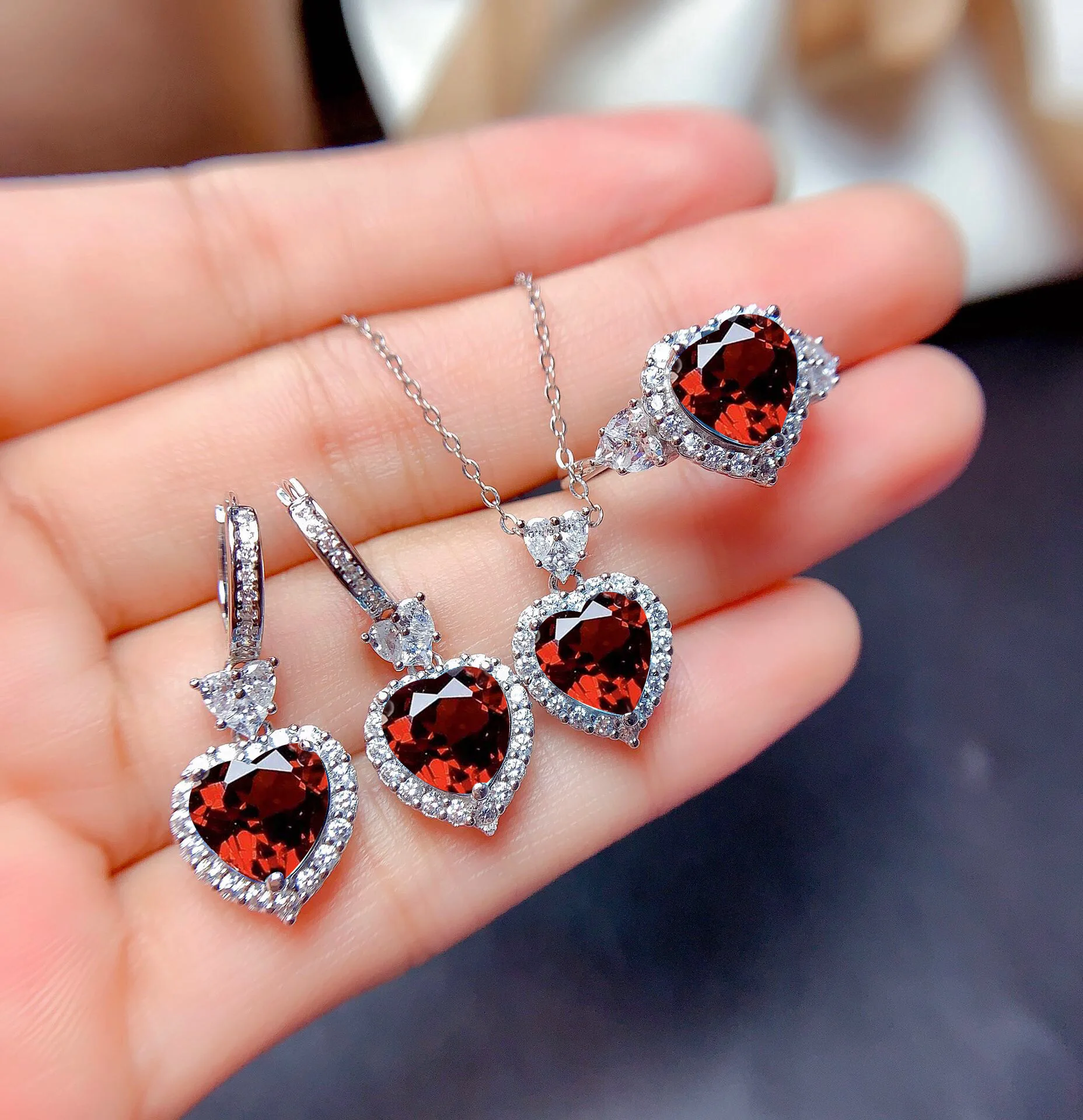 Luxury Female Love Heart Blue/Red Crystal Jewelry Sets Charm Silver Color Dangle Earring For Women Wedding Rings Necklaces