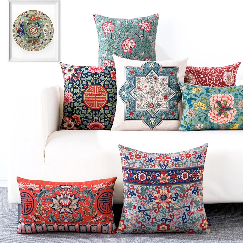 Chinese Retro Flower Pillow Cover Geometric Floral Cushion Home Decorative Sofa Chair Waist PillowCase