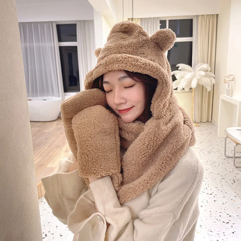 Winter Hats For Women Thicken Warm Fluffy Bear Ear Hat Gloves Scarf One Three-piece Double Layer Plush Beanie Caps Scarves Gorra