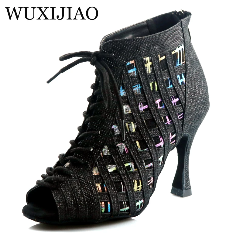 WUXIJIAO Latin dance high boots shoes soft sole shoes salsa ballroom ladies mesh dance shoes Cuba high heels  9CM