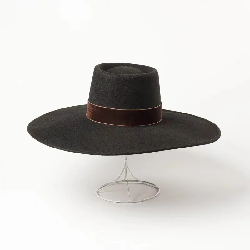 Winter Gold Velvet Decorative Ring Concave Wool Fedora Hats For Women Wide Brim Catwalk Designer Felt Hat Bone Topi  Hmong Hat