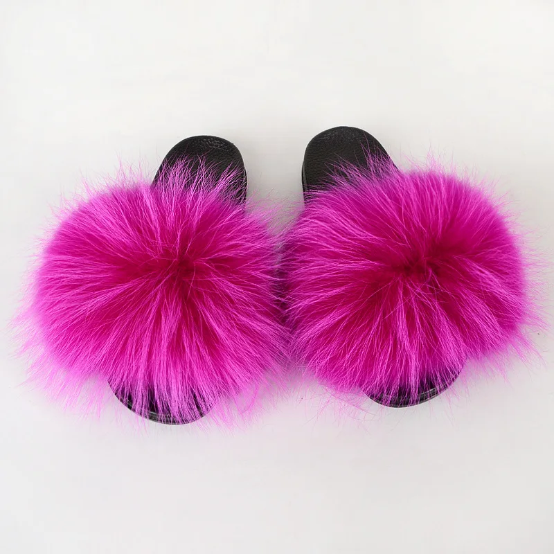 Real Raccoon Fur slides for women Big Fur Slippers Flat Soles Fluffy Indoor Outdoor Flip Flop Sandals