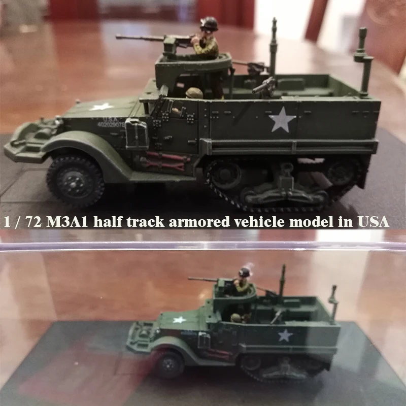 1/72 World War II  M3A1 half track armored vehicle model in USA  Two soldiers  Collection model